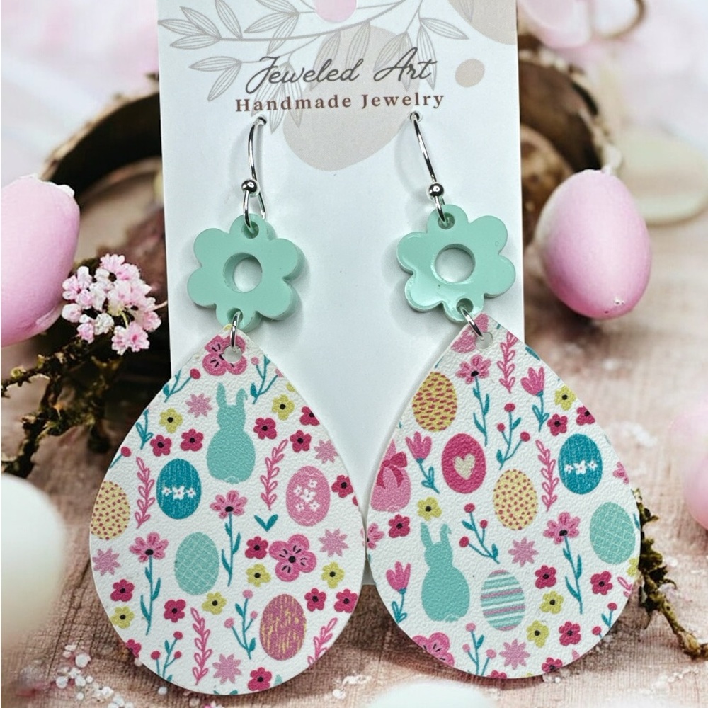 Jeweled Art Pastel Easter Drop Earrings Faux Leather